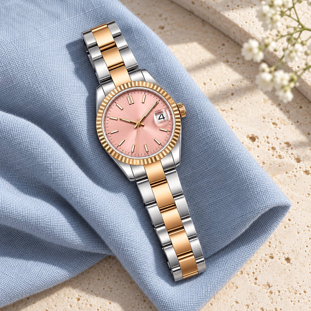 Lady Crownline Two-Tone Rose Pink watch laid on blue linen and pale travertine