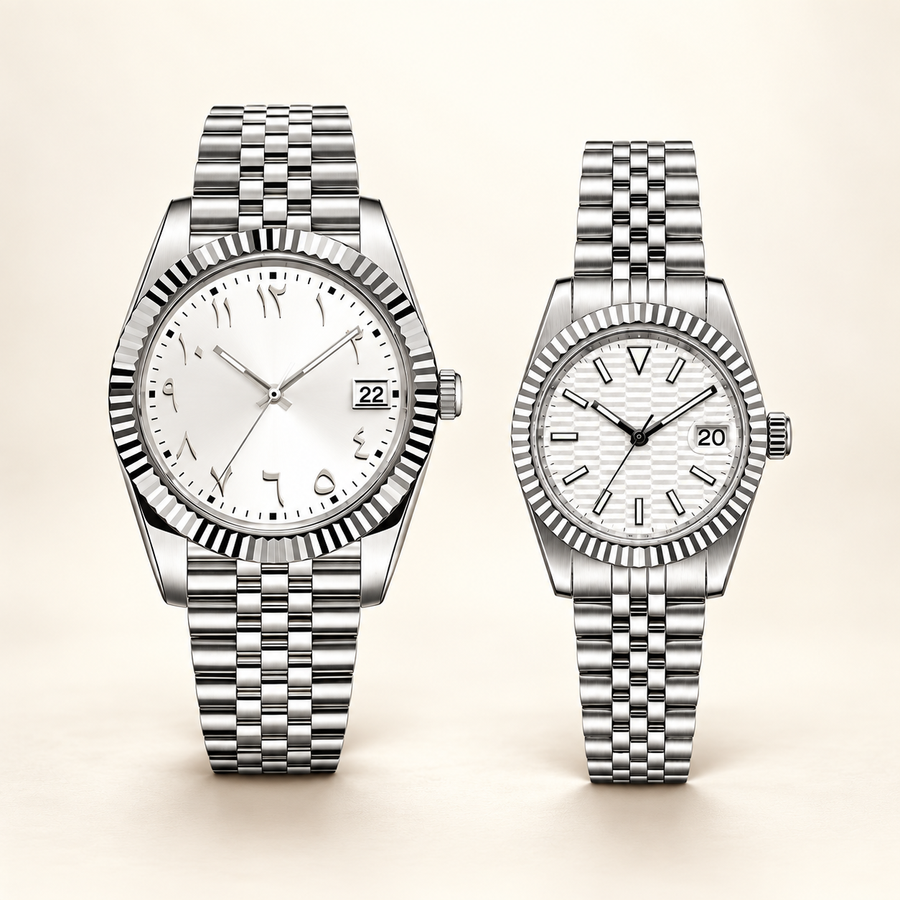 Alpine White couple watches paired hero — His and Hers