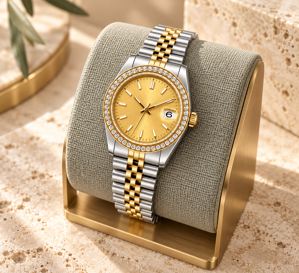 Lady Crownline Two-Tone Gold Crystal watch on linen cushion and brass stand