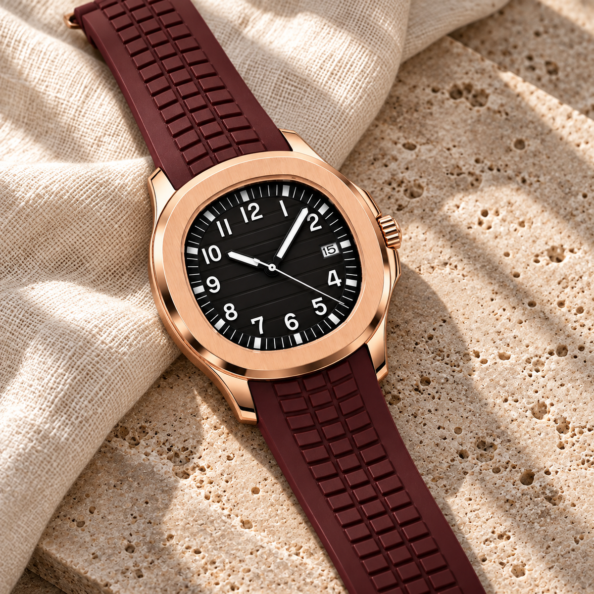 Nautiko Rose Gold laid on ivory linen and travertine