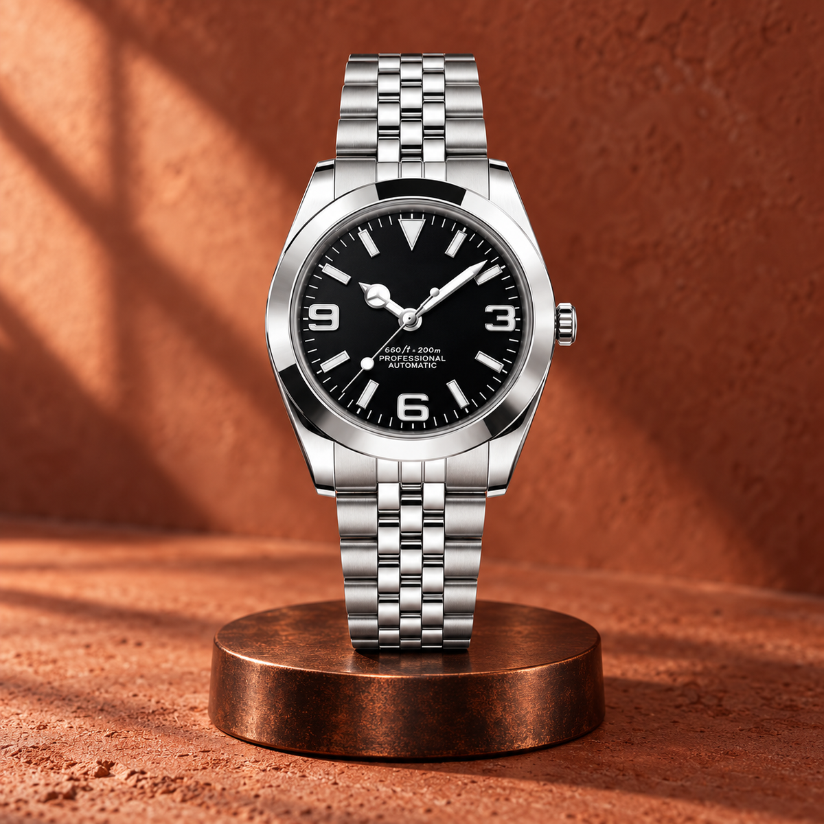 Crownline Automatic Black Jubilee bracelet upright on a copper-tone display stand