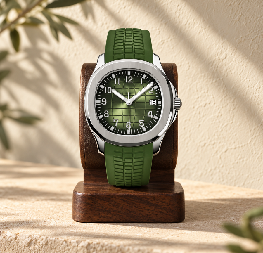 Nautiko Olive Green watch upright on a dark walnut stand against warm sand plaster