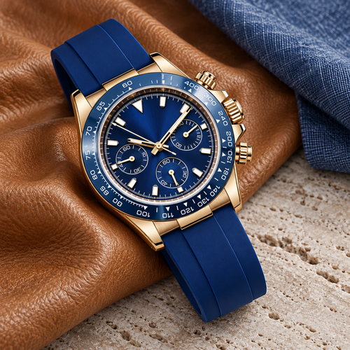 Royal Abyss Blue Sport chronograph with blue rubber strap on camel leather