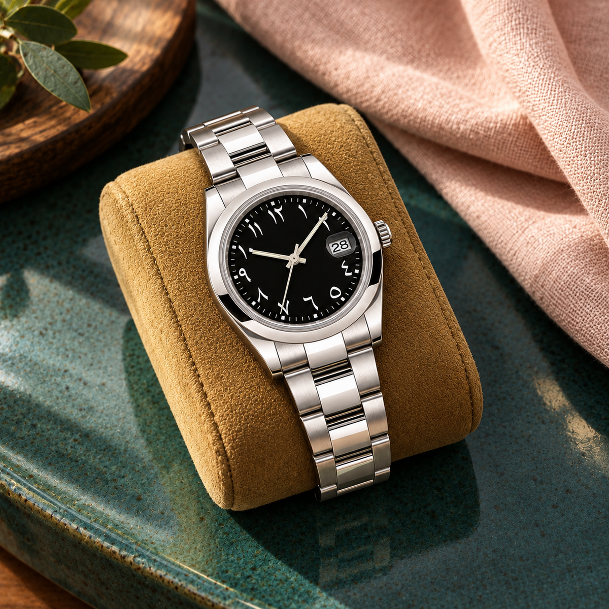 Arabic Heritage Stealth Black watch on ochre suede against teal stone