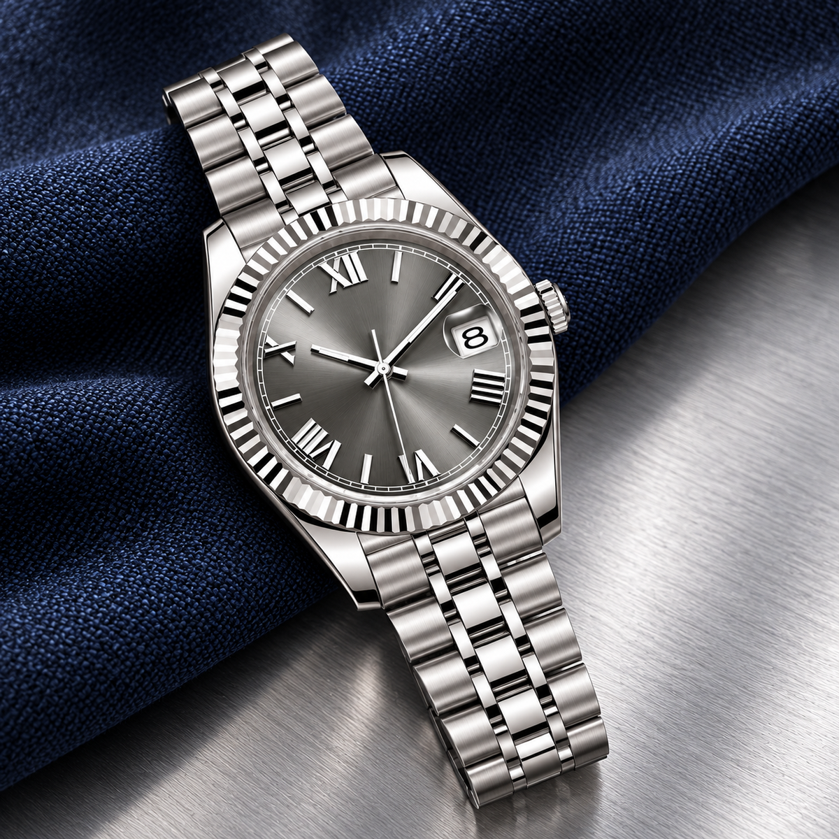 Crown Numeral Silver with five-link bracelet on navy cloth