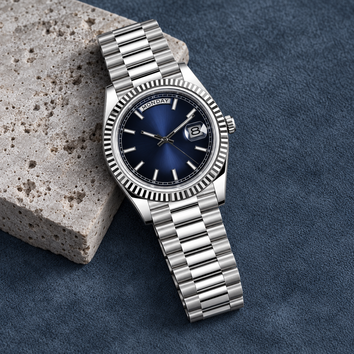 Dayline Classic Blue watch laid diagonally on cool blue-gray suede and pale stone