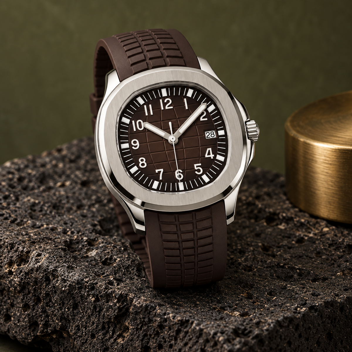 Nautiko Sienna Brown resting on volcanic stone with moss-green background