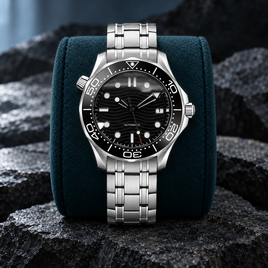 Oceanline Diver Black on a deep teal suede cushion over basalt