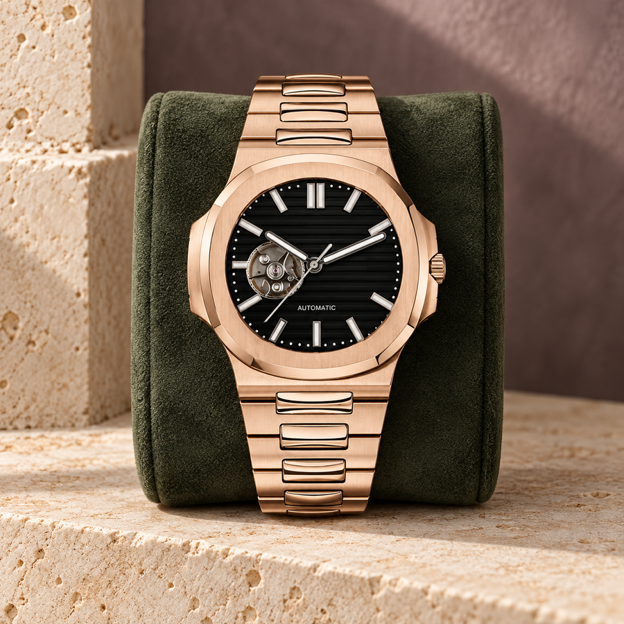 Open Heart Nautiko Rose Gold Black on forest suede and ivory limestone