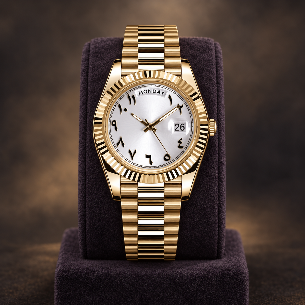 Dayline Gold Arabic White day-date watch upright on a dark plum display stand