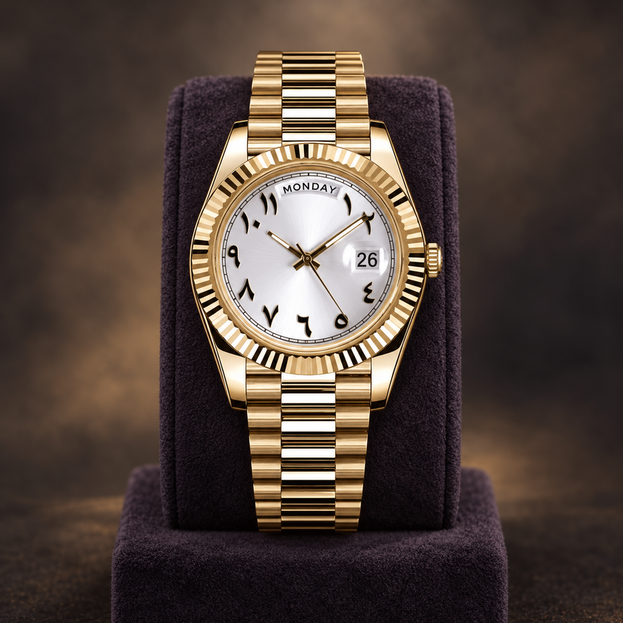 Dayline Gold Arabic White day-date watch upright on a dark plum display stand