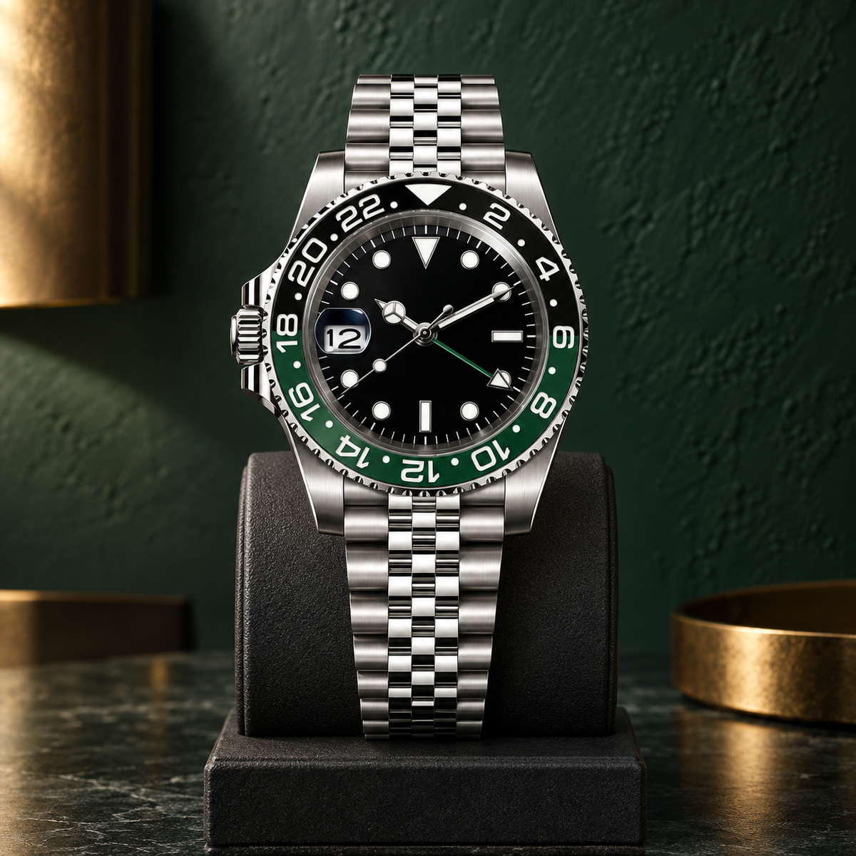 Left-handed GMT Navigator Green Black on Jubilee bracelet on forest green stand