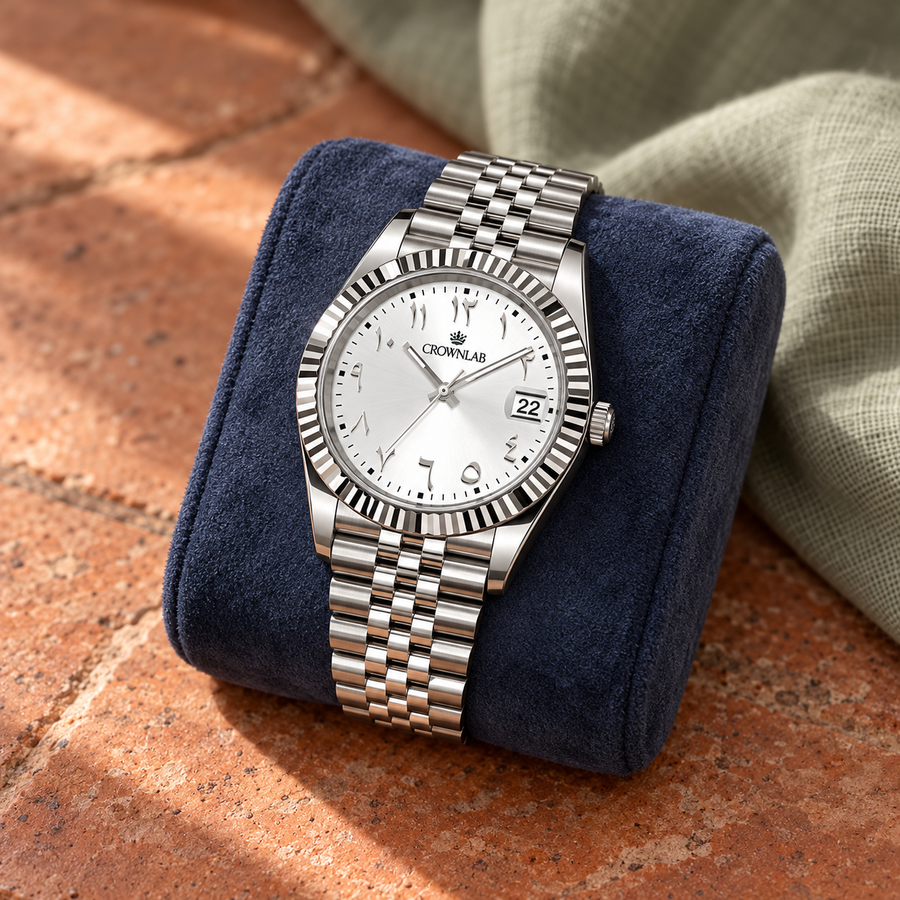Arabic Heritage Alpine White watch on indigo suede over terracotta