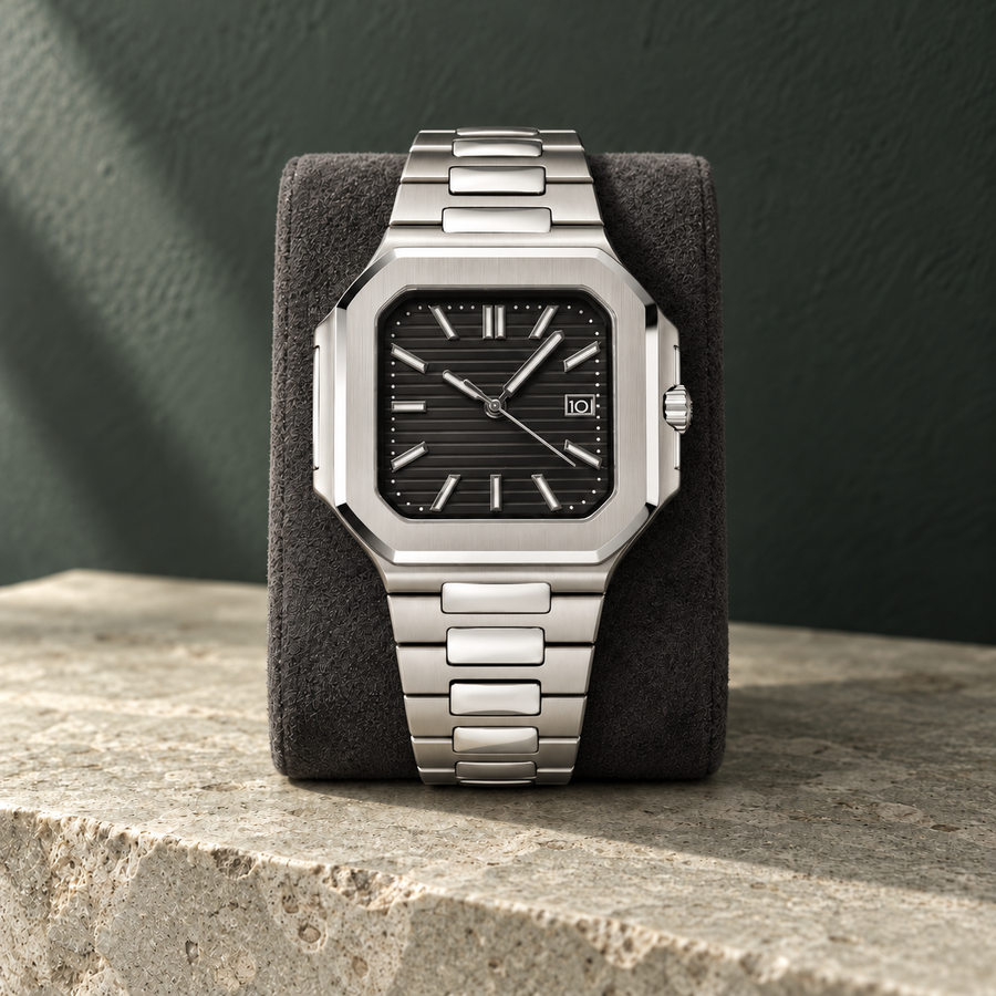 Nautiko Geometric Horizon black dial on charcoal suede and sage stone