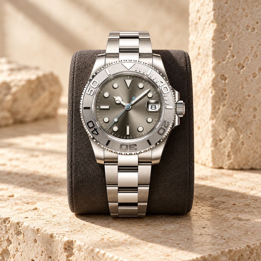 Yachtline Silver three-link watch on charcoal stand and ivory limestone