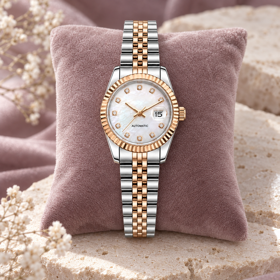 Lady Crownline Two-Tone Rose Gold Mother of Pearl Crystal on dusty-mauve velvet cushion