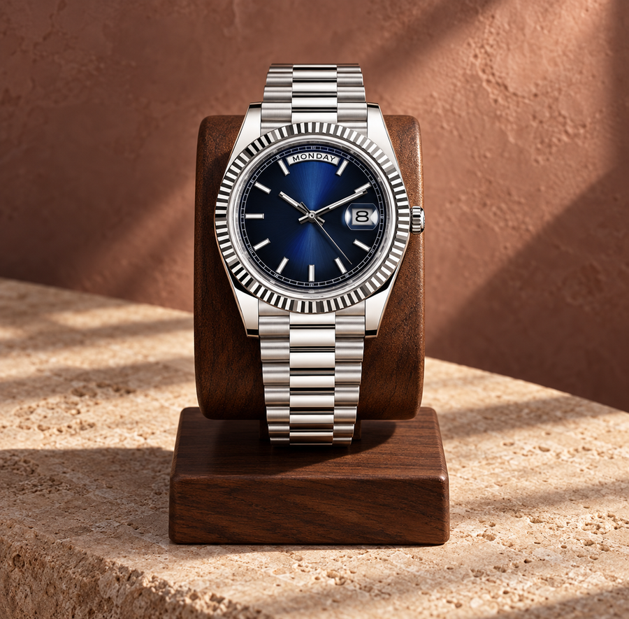 Dayline Classic Blue day-date watch upright on a walnut display stand