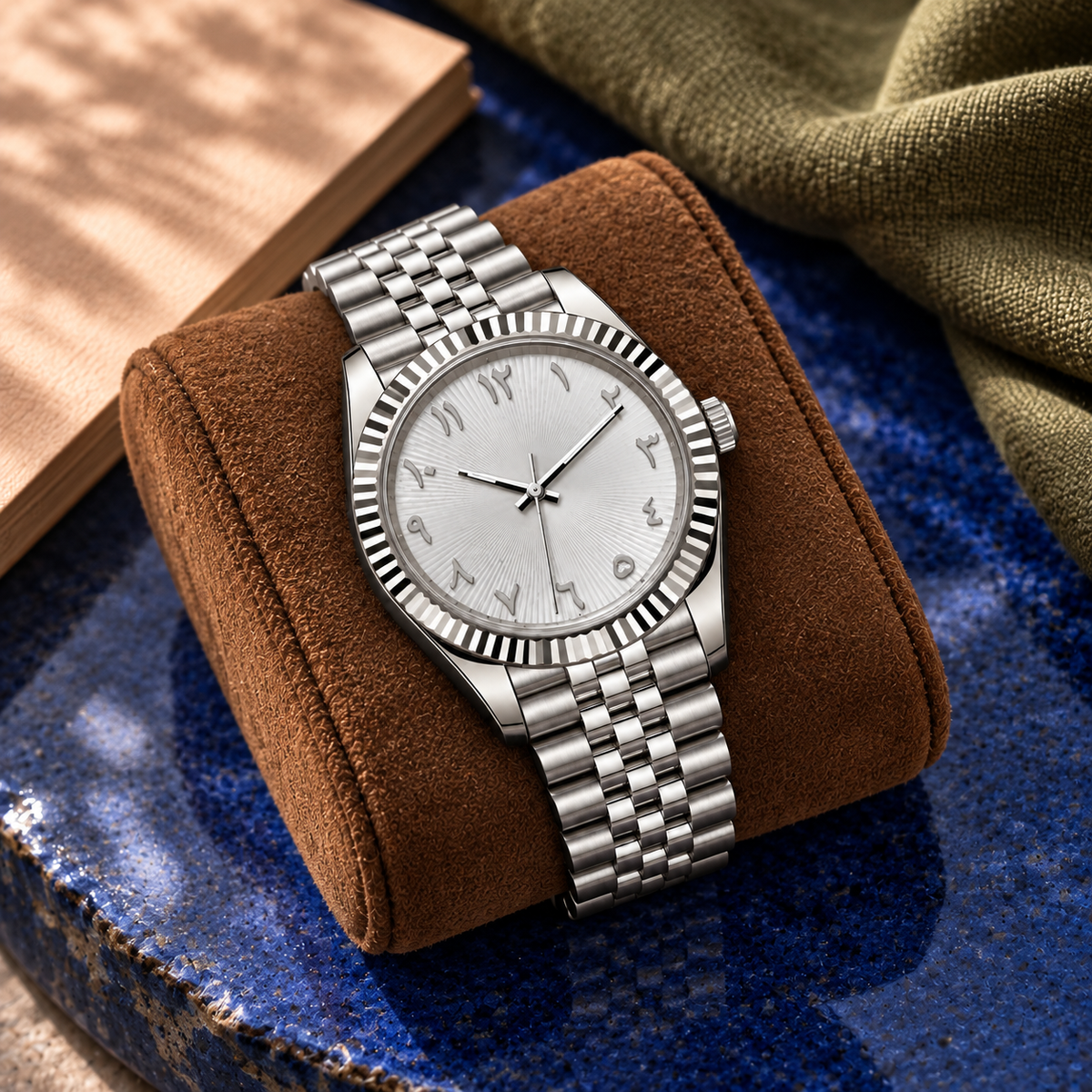 Arabic Heritage silver sunray watch on cognac suede over cobalt stone