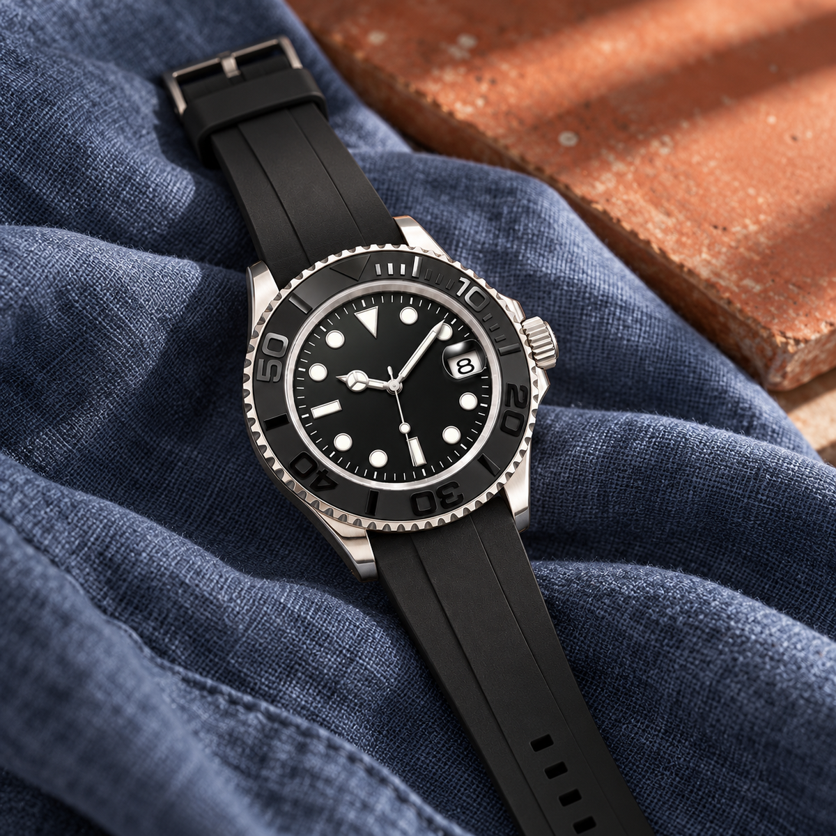 Yachtline Sport black rubber-strap watch on slate-blue linen and clay