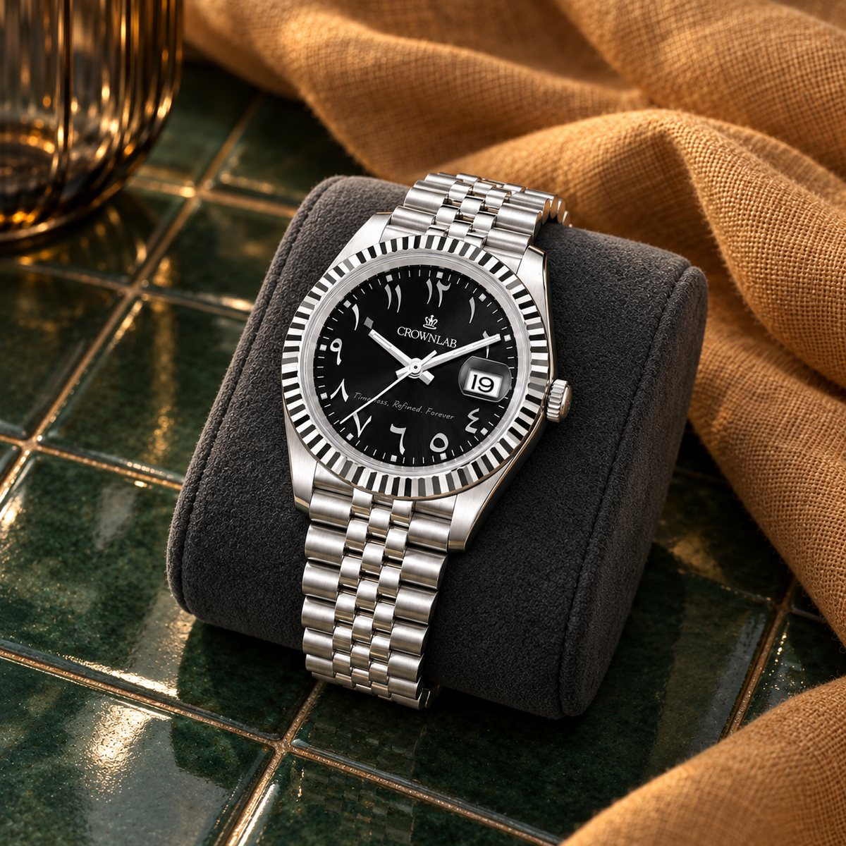 Arabic Heritage Onyx Black & Steel on graphite cushion over green glazed tile
