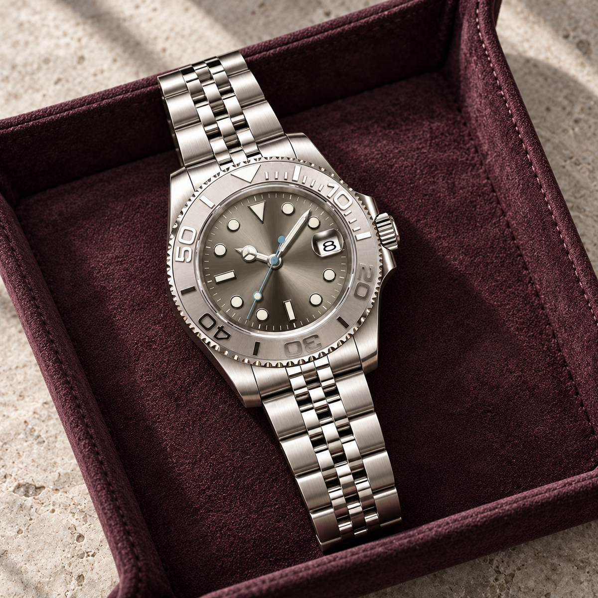Yachtline Silver Jubilee bracelet watch on plum suede tray