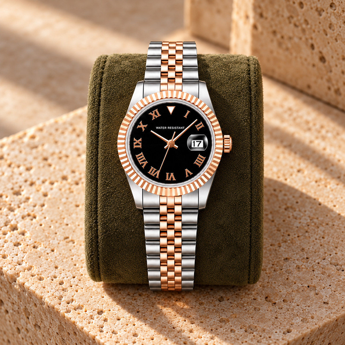 Lady Crownline Two-Tone Rose Gold Black Roman watch on olive suede cushion