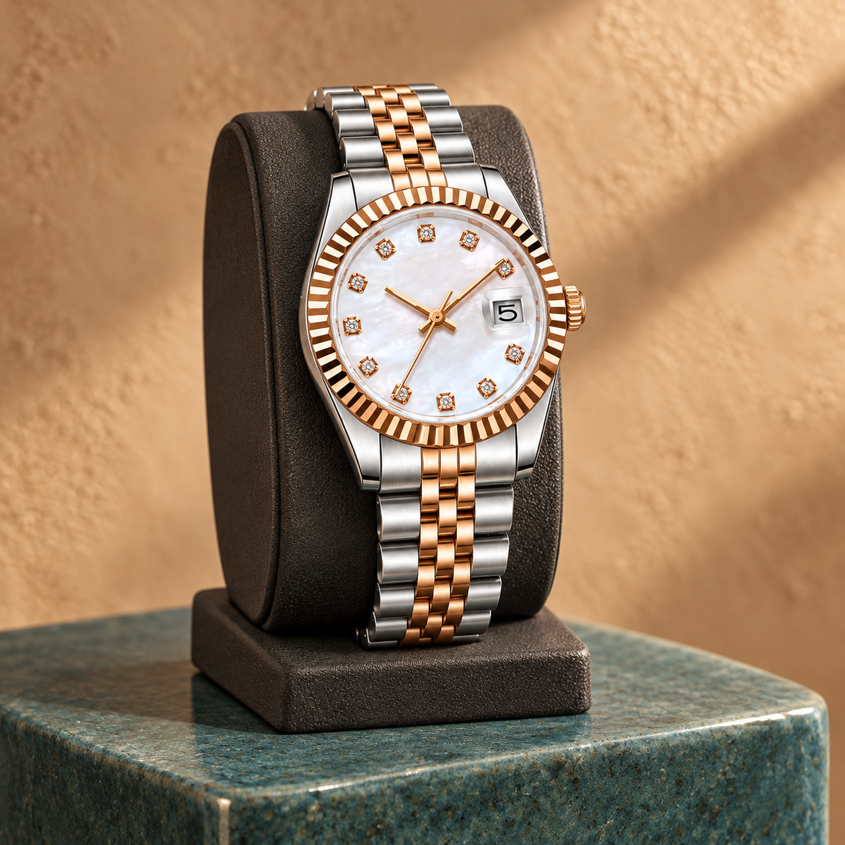 Rose Gold Pearl Crystal watch on charcoal suede stand and teal ceramic
