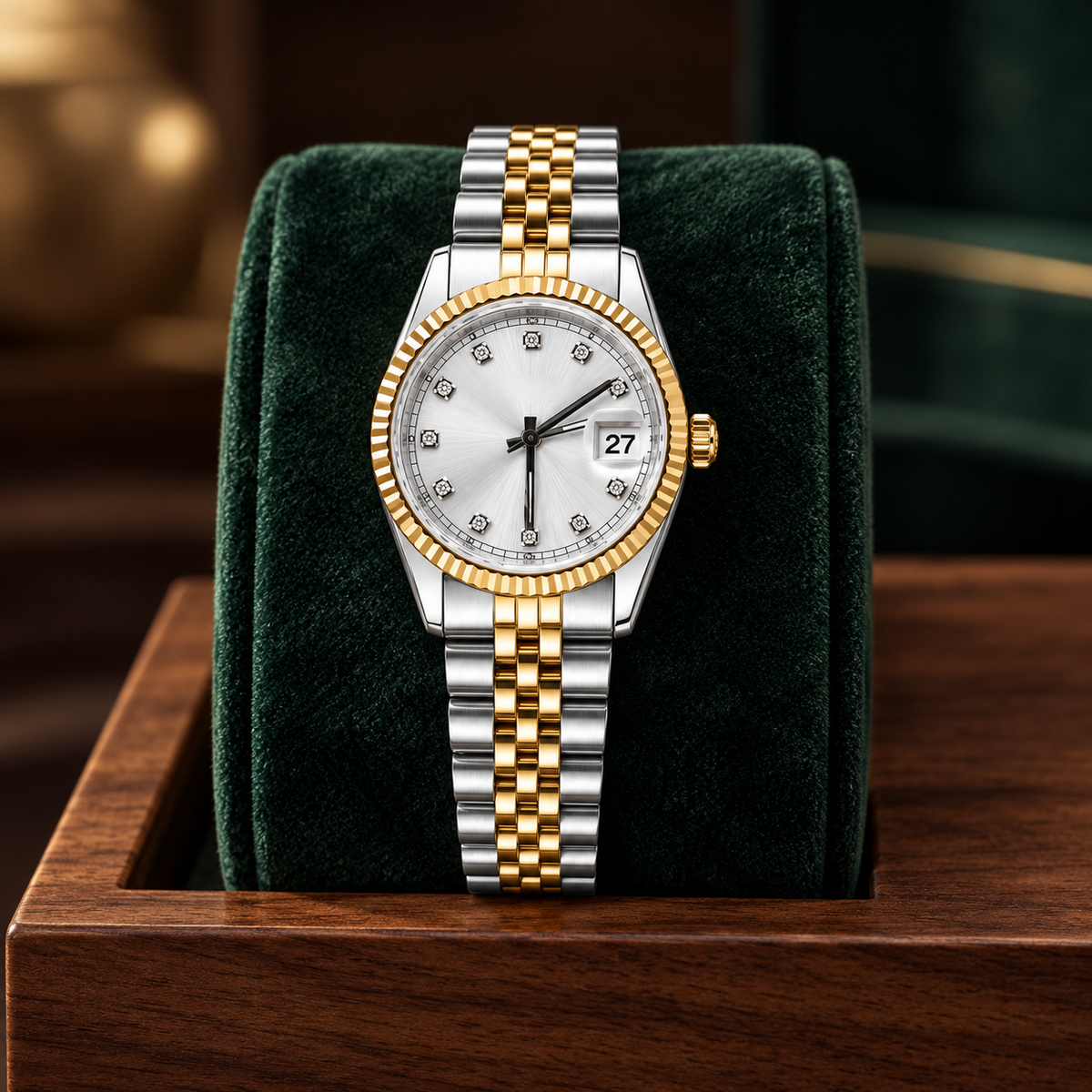 Lady Crownline Two-Tone Silver Crystal automatic watch with silver crystal-marker dial and gold fluted bezel on deep green velvet
