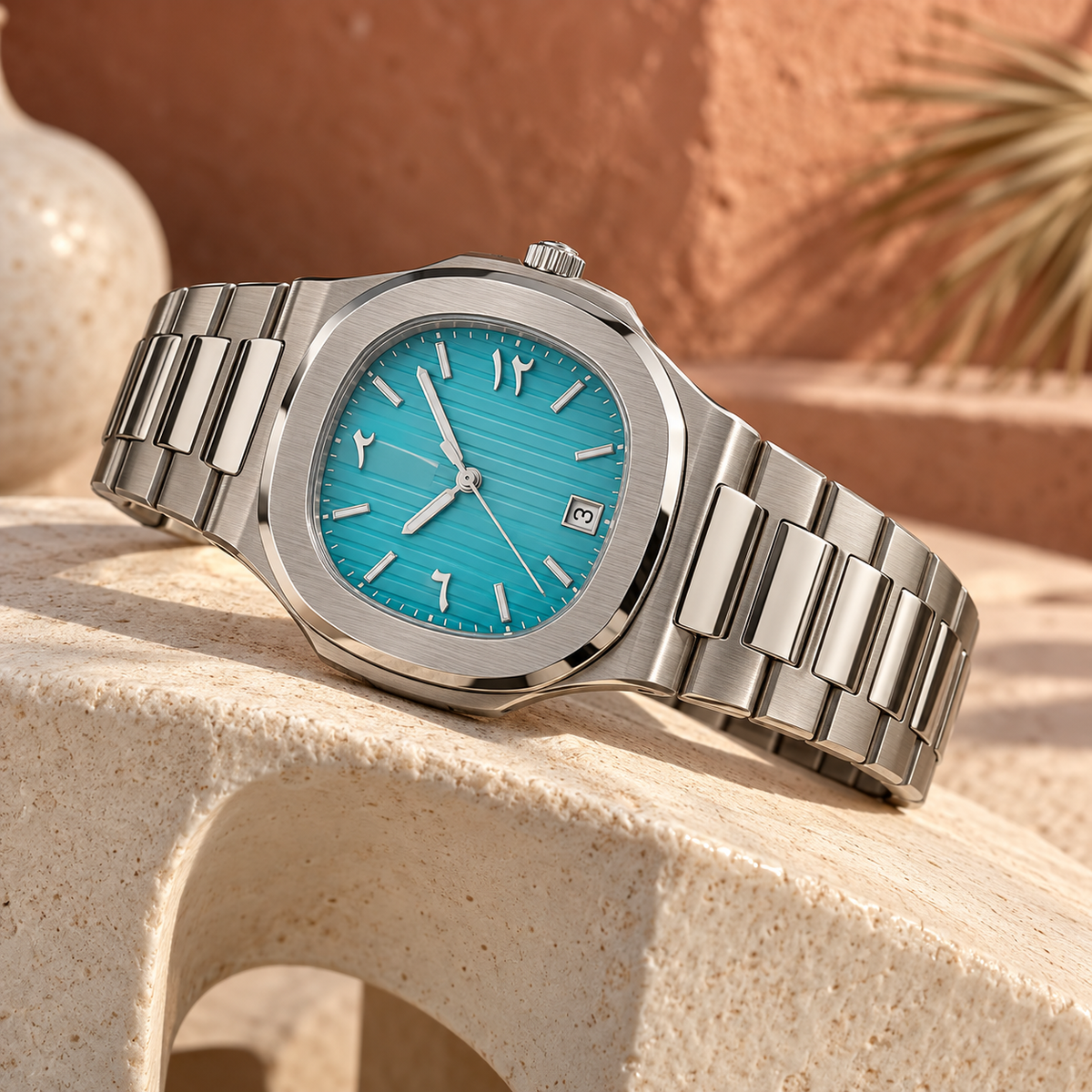 Horizon turquoise watch reclining on ivory ceramic against terracotta plaster
