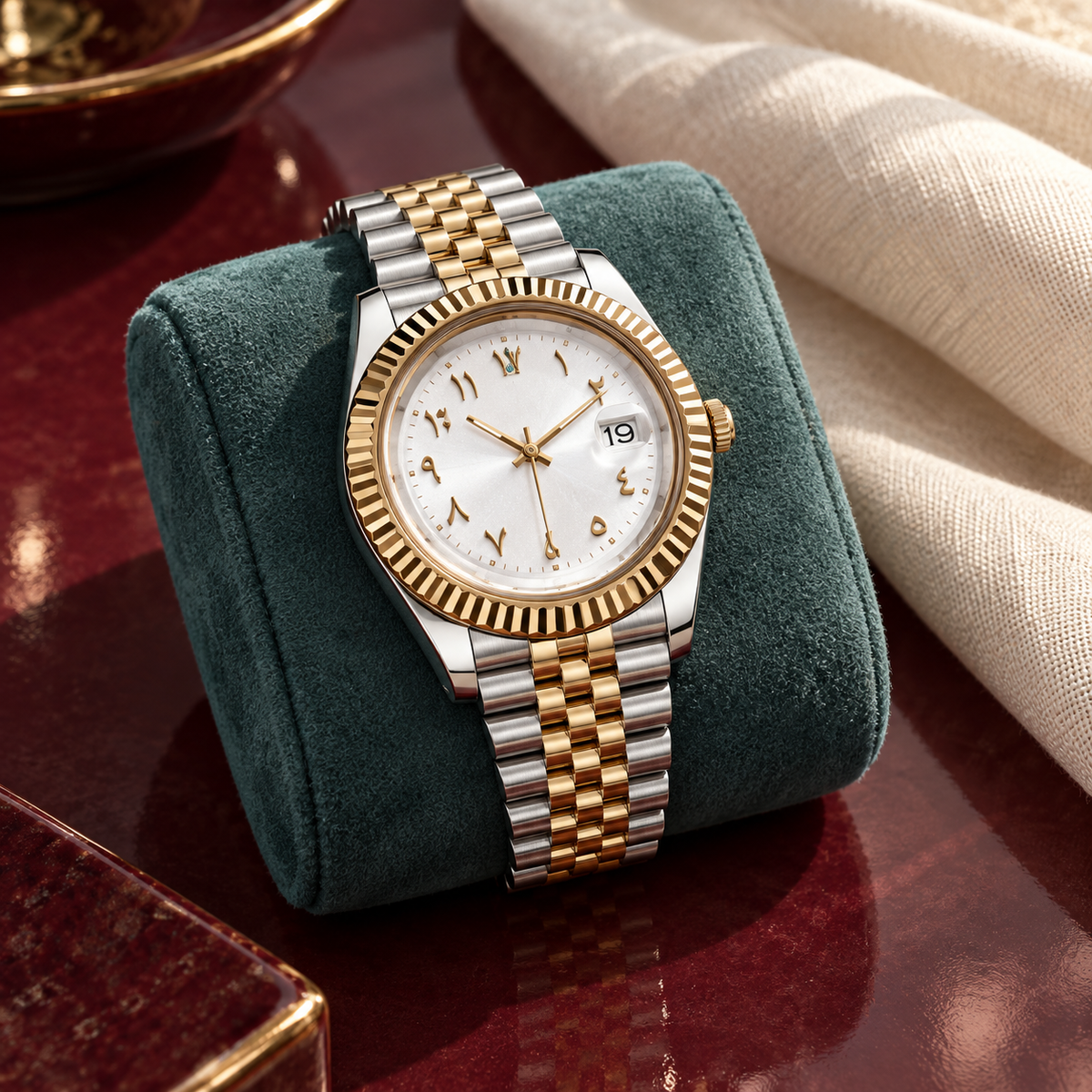 Arabic Heritage frost-white two-tone watch on teal suede against burgundy ceramic