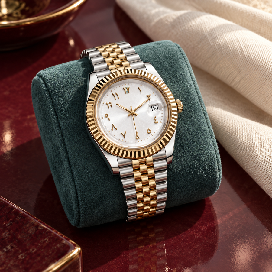 Arabic Heritage frost-white two-tone watch on teal suede against burgundy ceramic