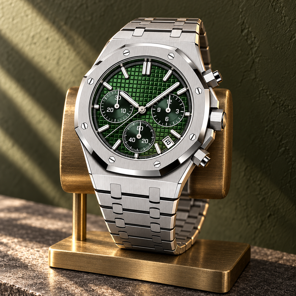Royal Sportline Forest Green chronograph on brushed brass stand against olive plaster