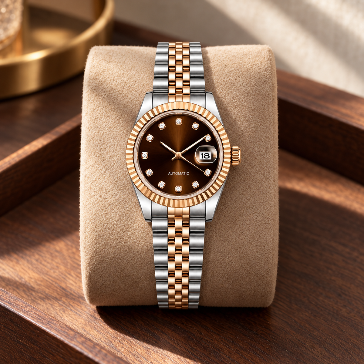 Lady Crownline Two-Tone Rose Gold Chocolate Crystal watch on sand suede cushion