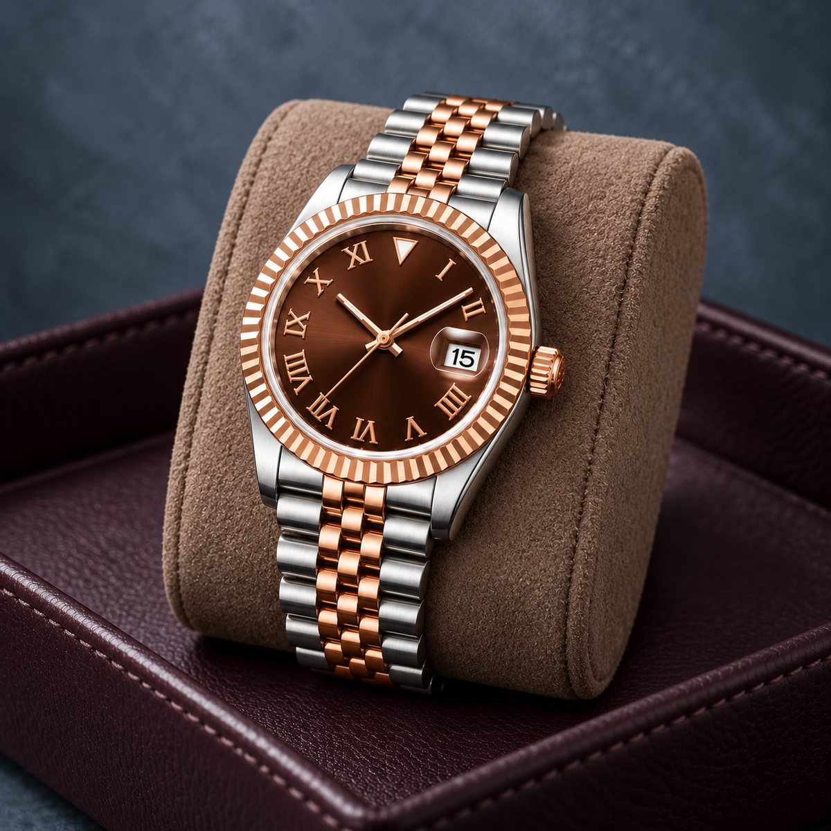 Chocolate Roman watch on taupe suede and plum leather