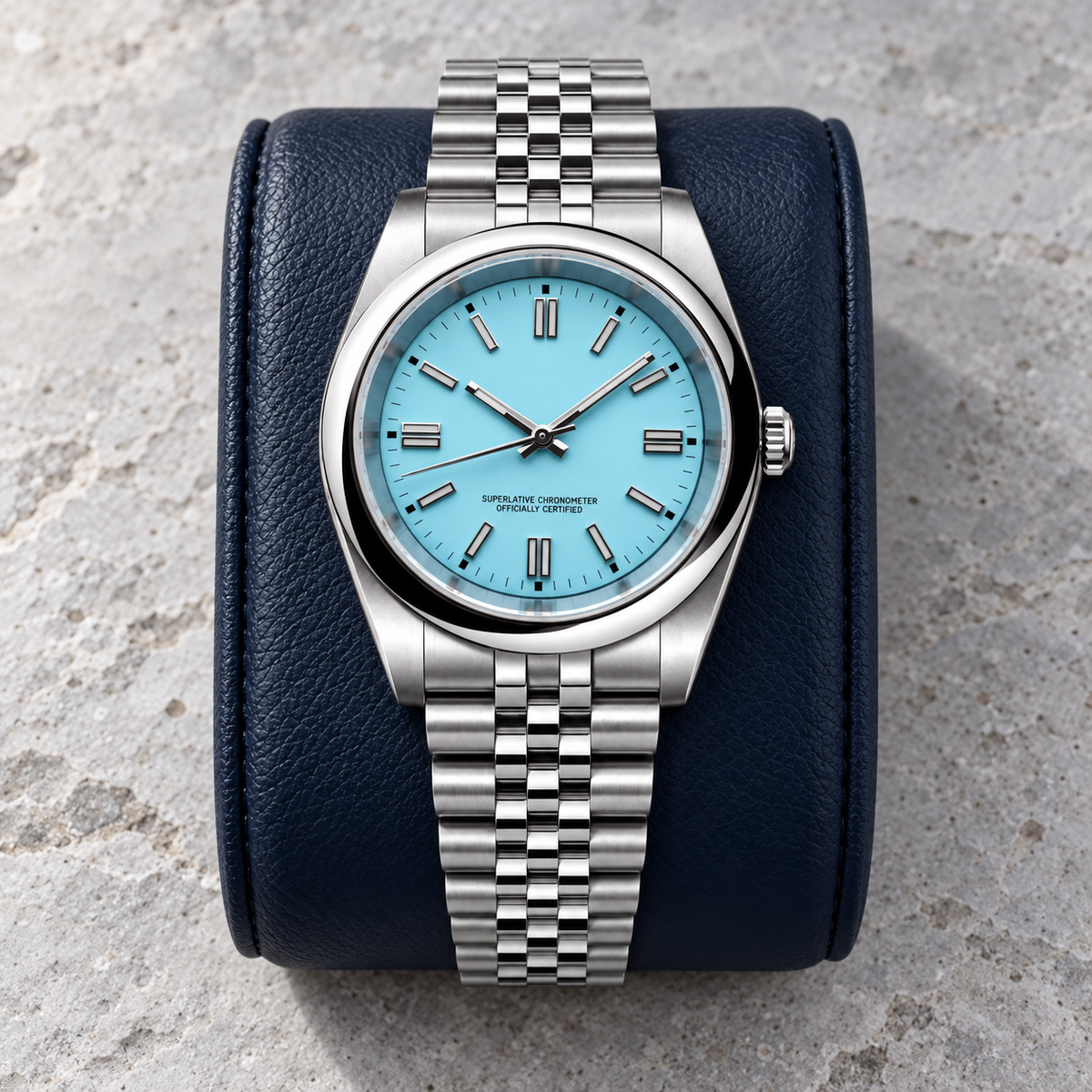 Crownline Automatic Aqua Blue watch with Jubilee five-link bracelet on navy leather cushion