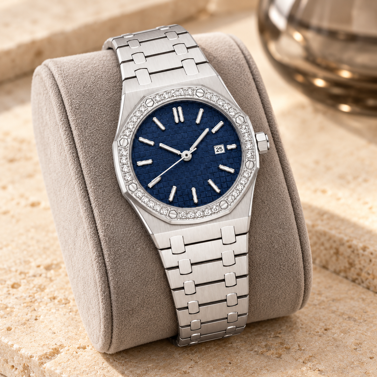 Royal Lady Midnight Blue Iced on taupe display cushion, navy grid dial