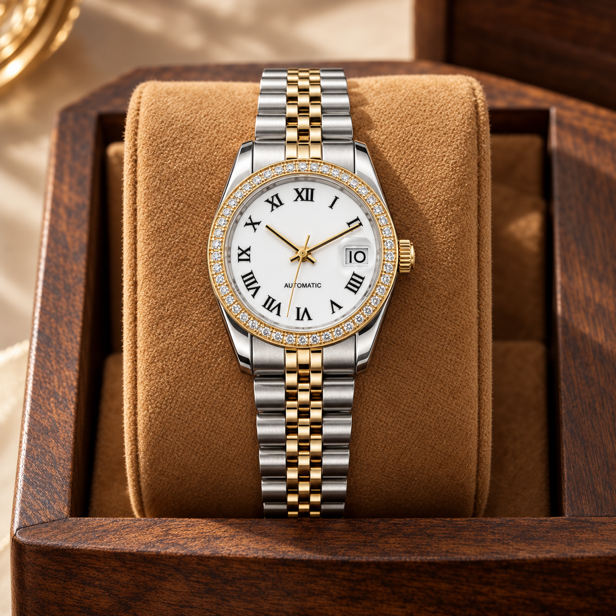 Lady Crownline Two-Tone White Roman Crystal watch displayed on tan suede in a walnut tray