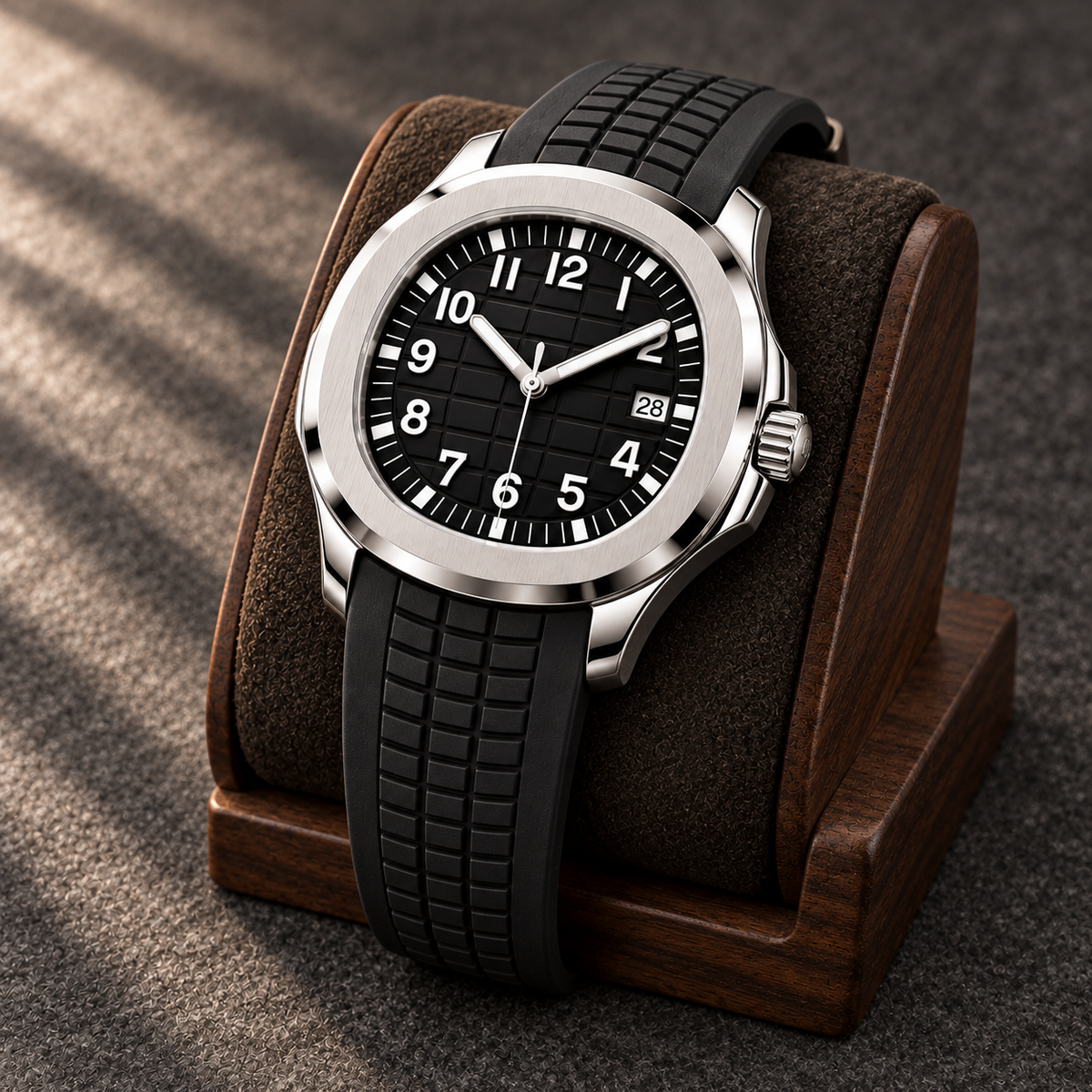 Nautiko Stealth Black crown-side view on dark suede walnut stand