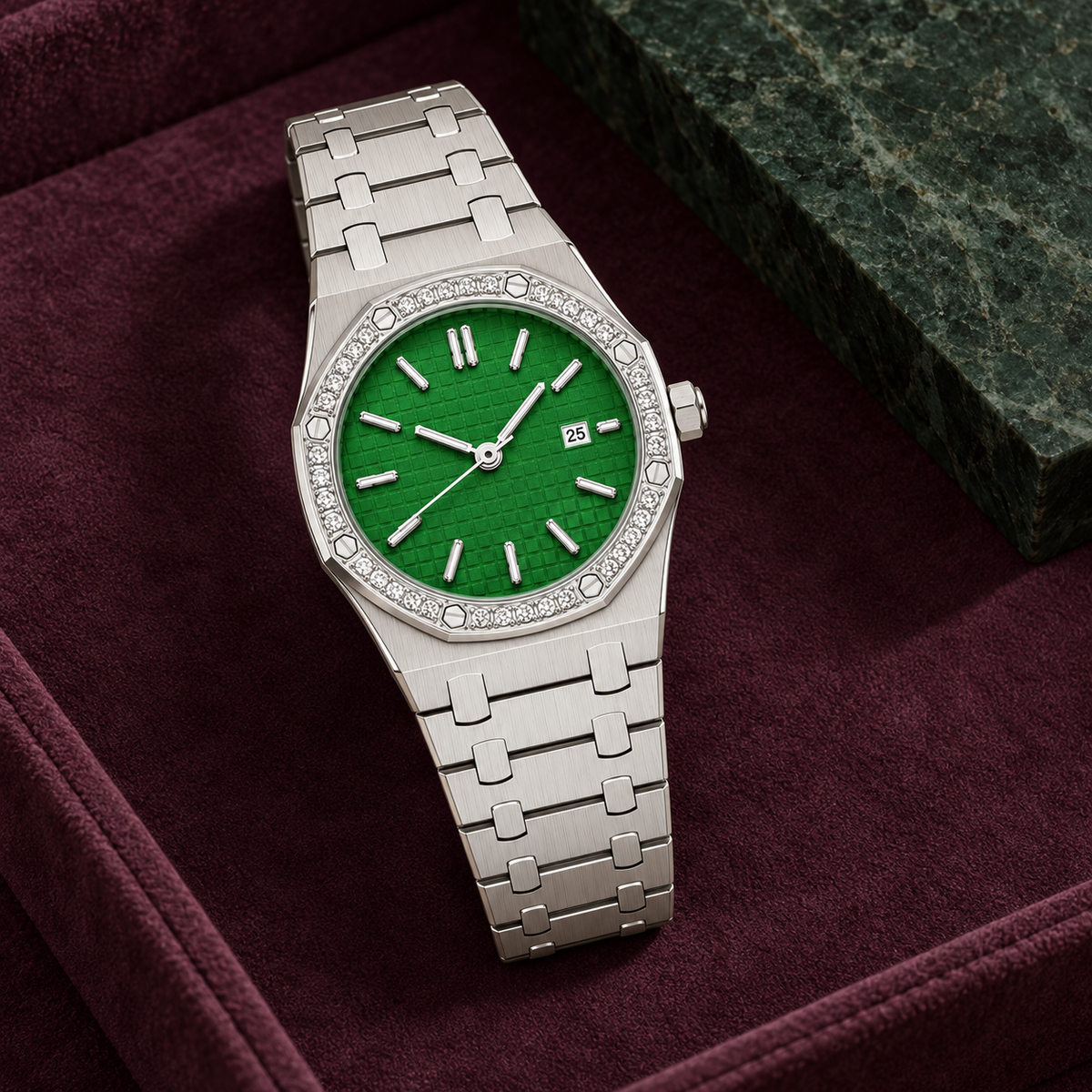 Royal Lady Emerald Iced laid on plum suede, octagonal crystal bezel and integrated steel bracelet