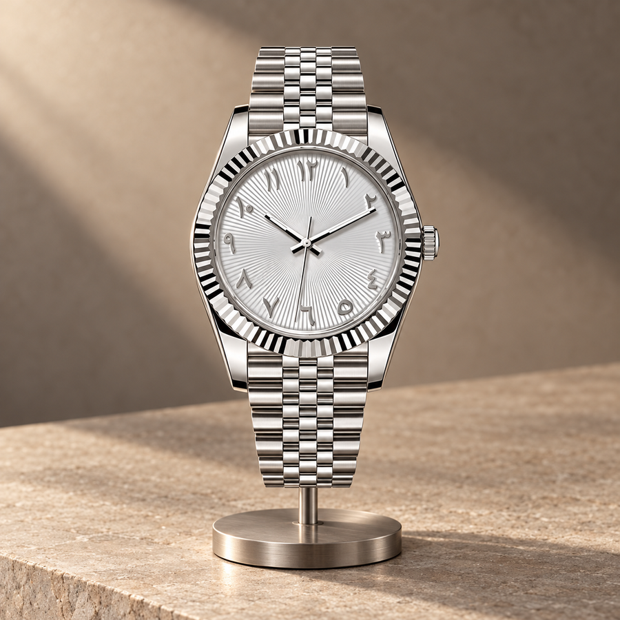 Crownline Date Ghost White Arabic dial on taupe stone stand