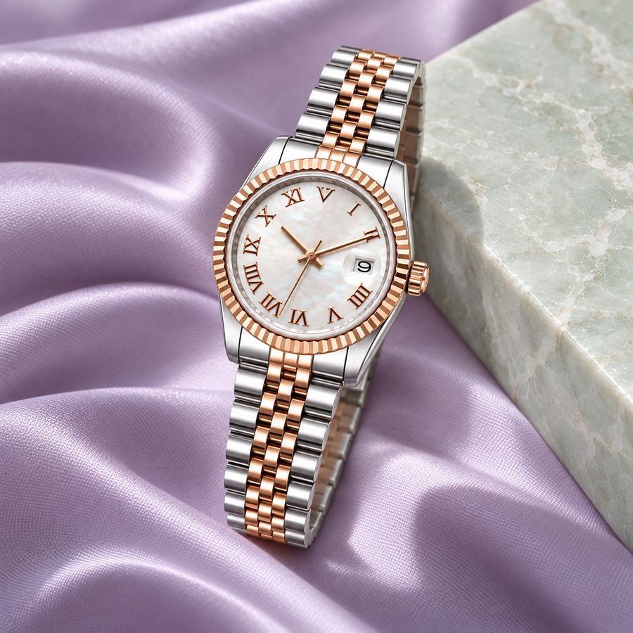 Rose Gold Roman Pearl Dial watch on lavender silk and celadon marble