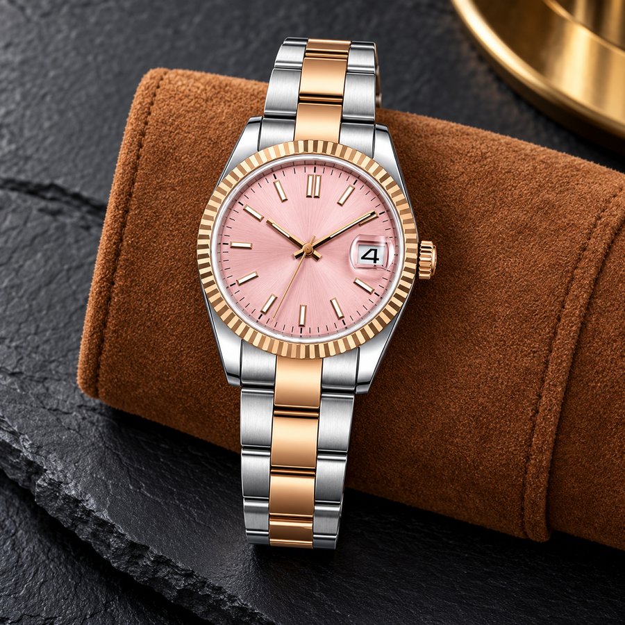 Lady Crownline Two-Tone Rose Pink automatic watch, rose-pink dial and two-tone bracelet on leather watch cushion