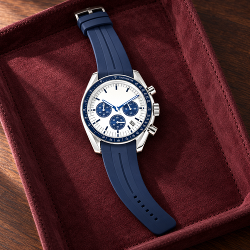 Moon White chronograph face-up on burgundy suede valet tray