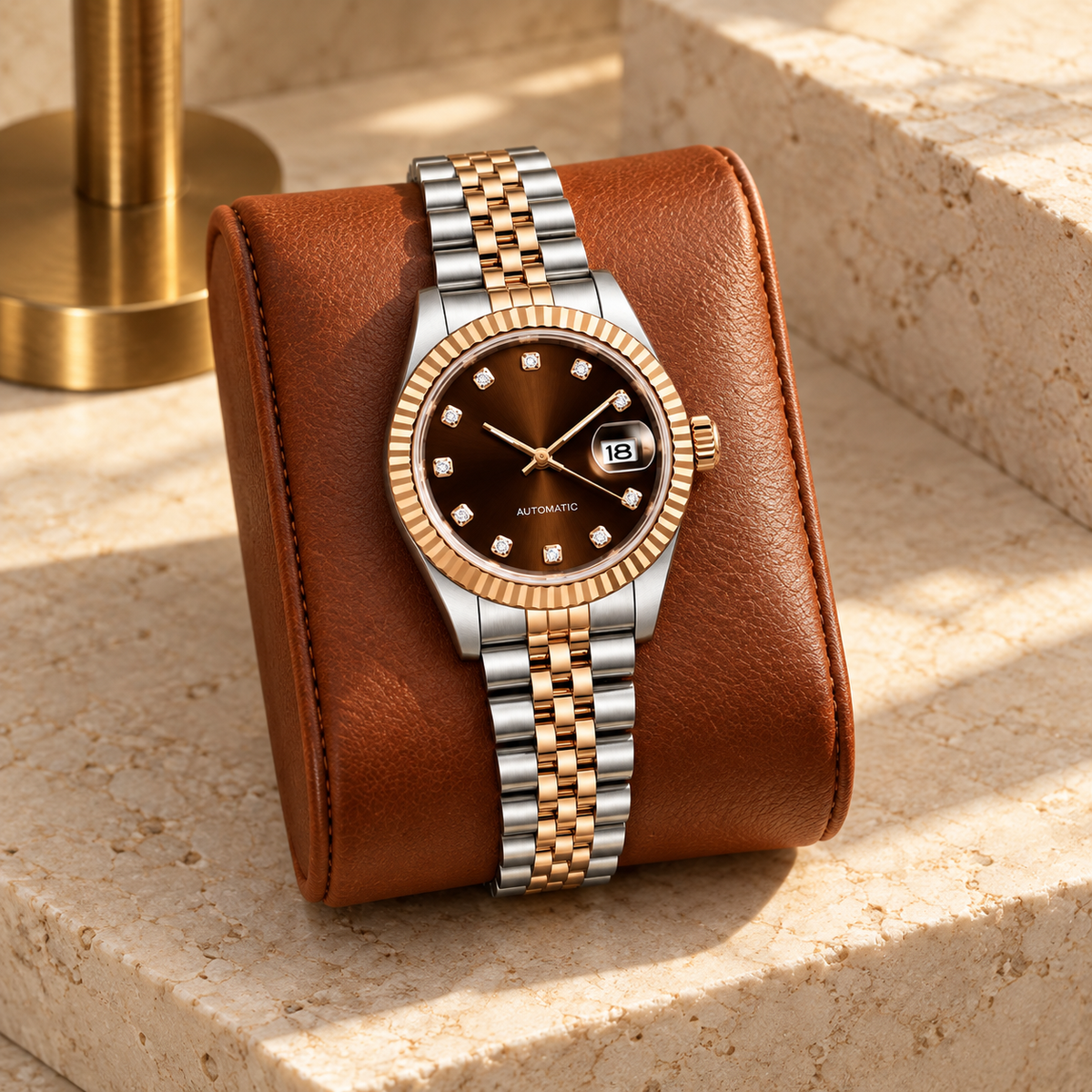 Lady Crownline Two-Tone Rose Gold Chocolate Crystal watch on cognac leather cushion