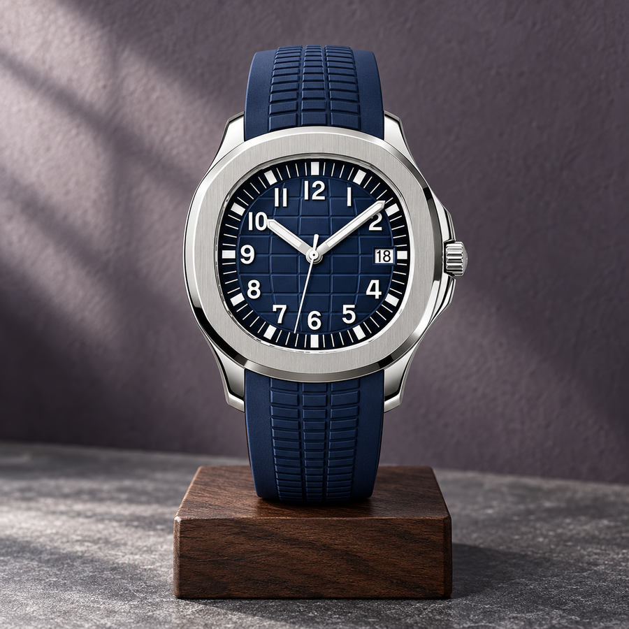 Nautiko Abyss Blue navy rubber-strap watch on walnut block against plum-grey wall