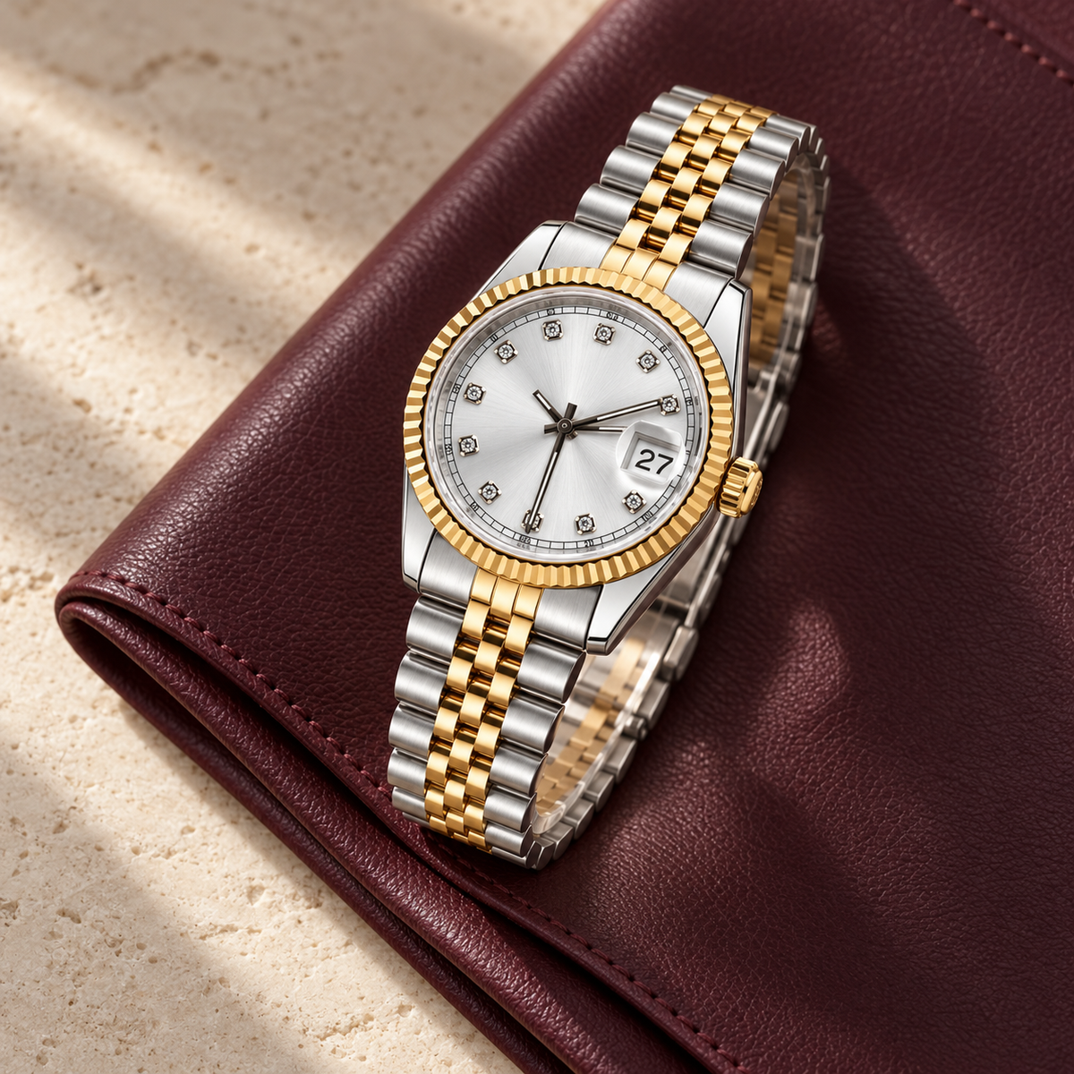Lady Crownline Two-Tone Silver Crystal watch displayed on burgundy leather over pale limestone