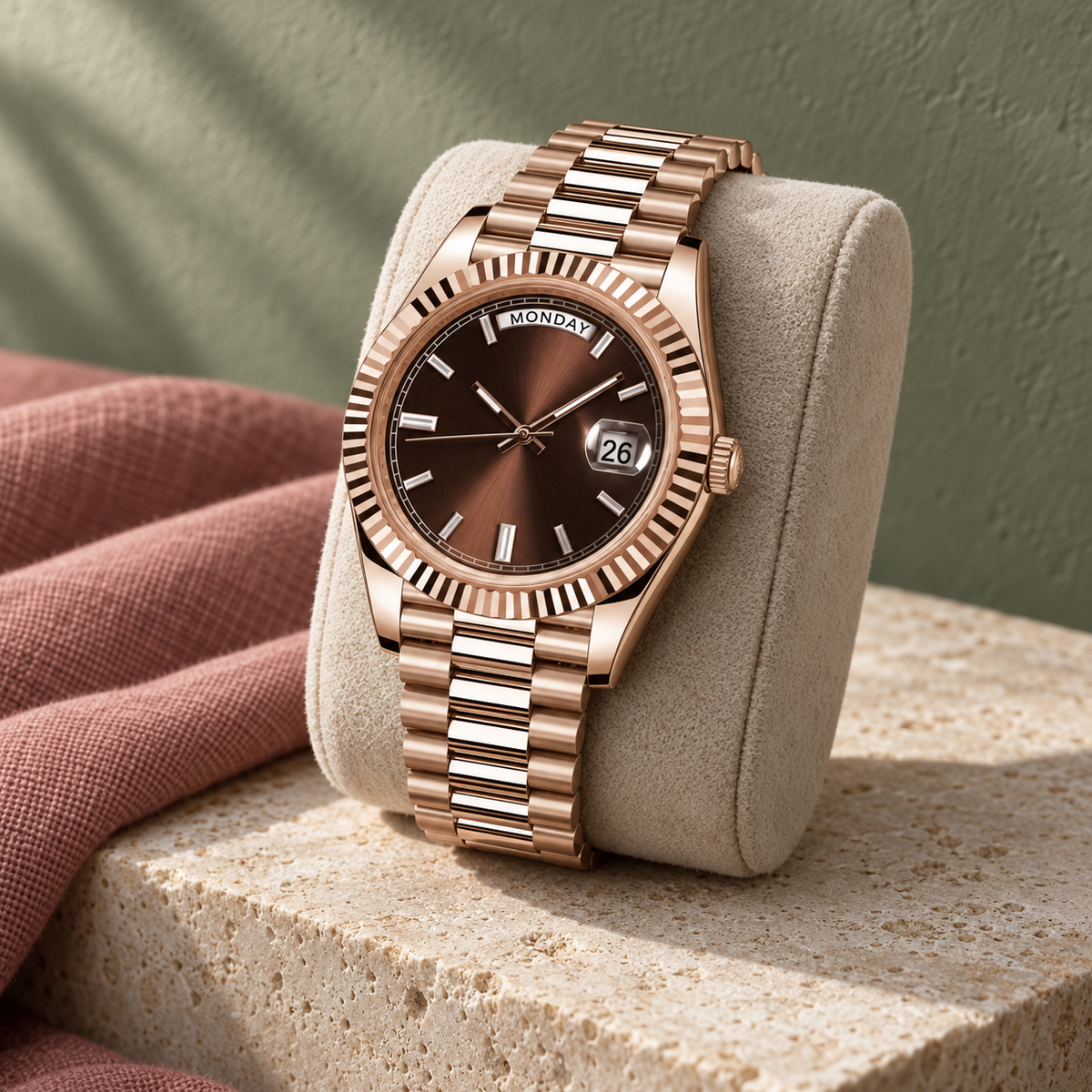 Rose-gold chocolate calendar watch on cream cushion with sage and dusty-rose setting