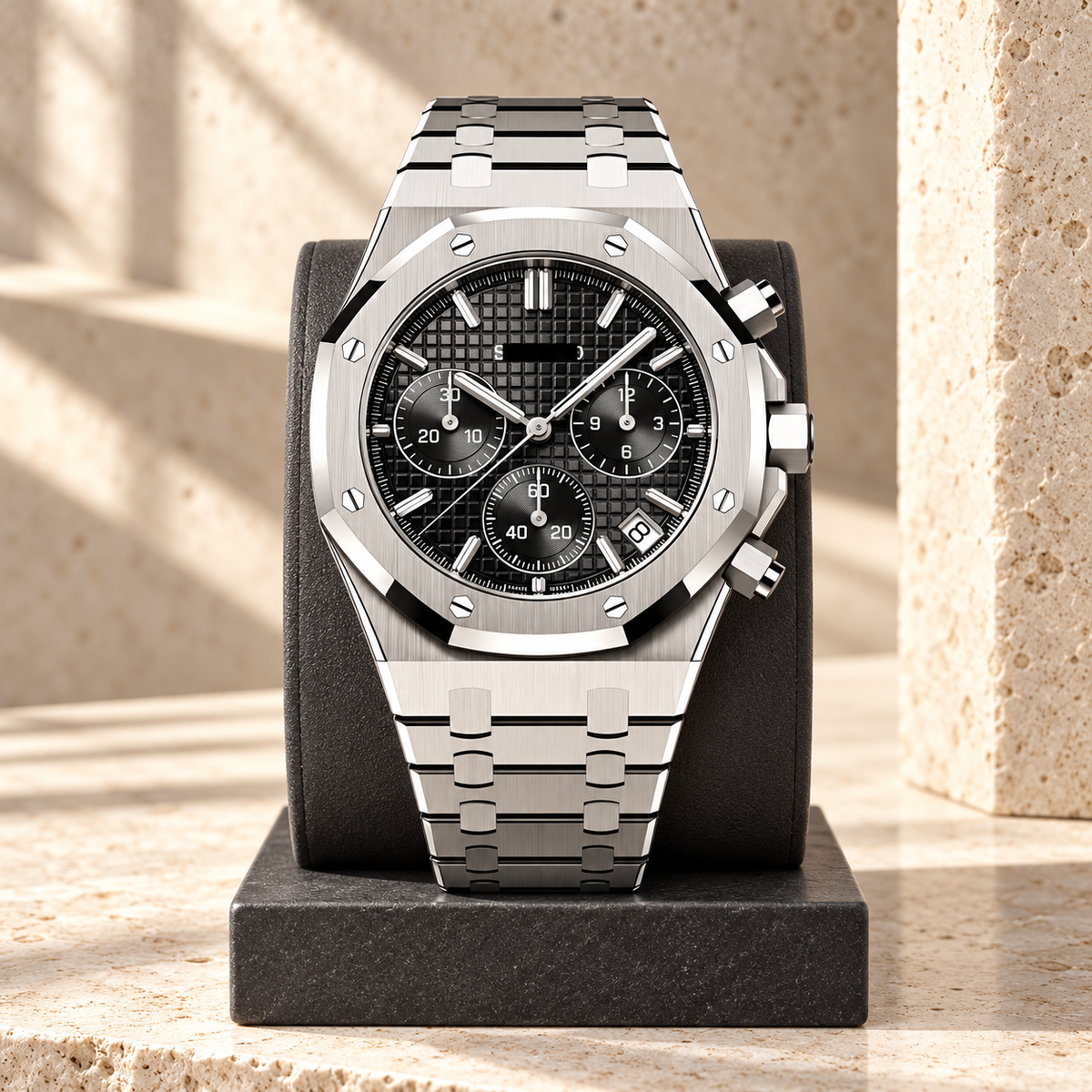 Royal Sportline Stealth Black chronograph standing on dark stand against ivory limestone