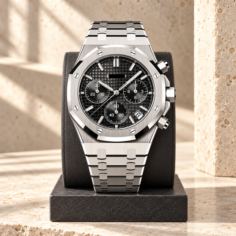 Royal Sportline Stealth Black chronograph standing on dark stand against ivory limestone