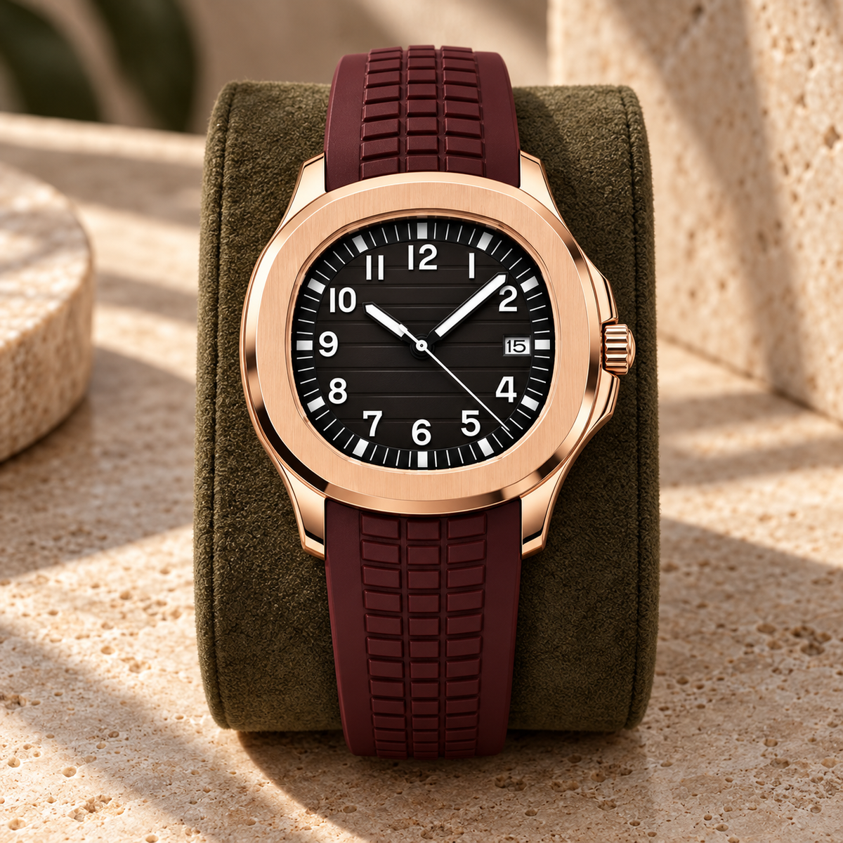Nautiko Rose Gold with black Arabic-numeral dial on olive suede cushion